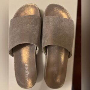 J Slide, metallic gold/silver like  new white sole  very stylish